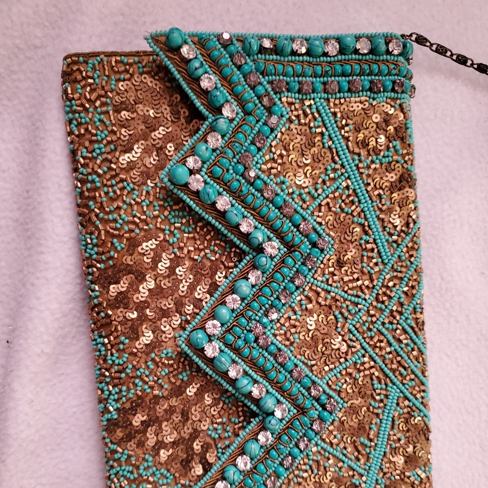 Crossbody clutch purse with rhinestones turquoise - Picture 2 of 5
